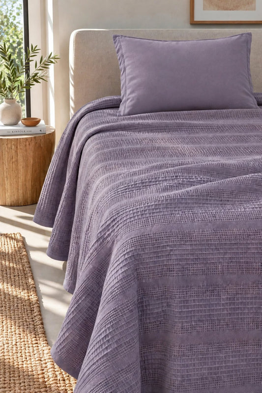 %100 Pamuk Dual Tek Kişilik Pike Takımı | 160x230 Pike + 100x200 Lastikli Çarşaf + 1 Yastık Kılıfı-Mor