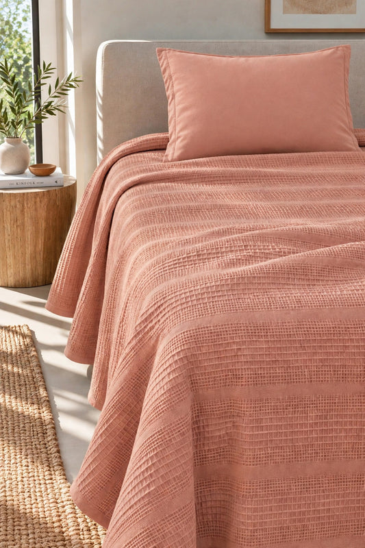 %100 Pamuk Dual Tek Kişilik Pike Takımı| 160x230 Pike + 100x200 Lastikli Çarşaf + 1 Yastık Kılıfı-Somon