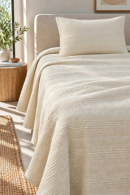 %100 Pamuk Dual Tek Kişilik Pike Takımı| 160x230 Pike + 100x200 Lastikli Çarşaf + 1 Yastık Kılıfı-Ekru