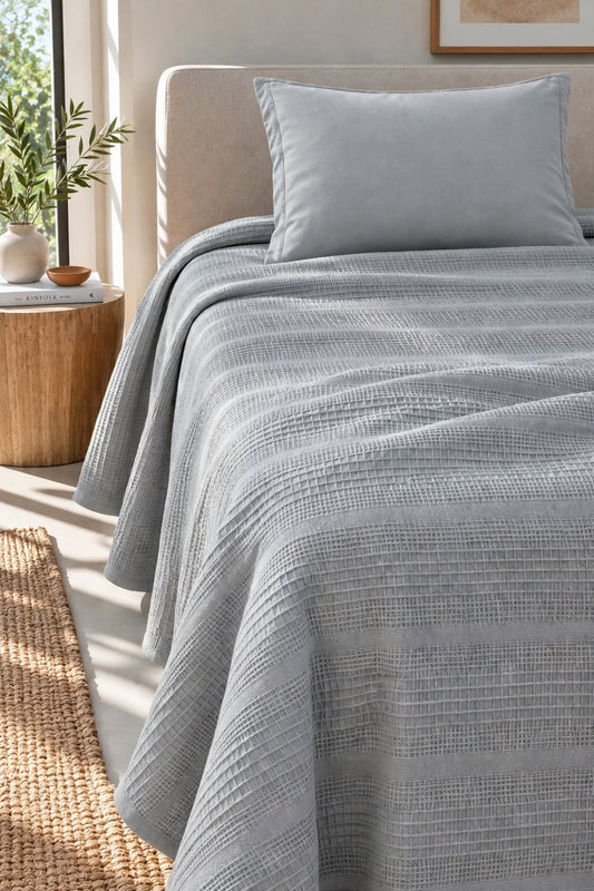%100 Pamuk Dual Tek Kişilik Pike Takımı| 160x230 Pike + 100x200 Lastikli Çarşaf + 1 Yastık Kılıfı-Gri