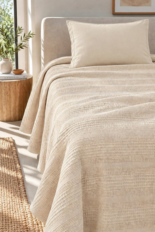 %100 Pamuk Dual Tek Kişilik Pike Takımı| 160x230 Pike + 100x200 Lastikli Çarşaf + 1 Yastık Kılıfı-Cappuccino