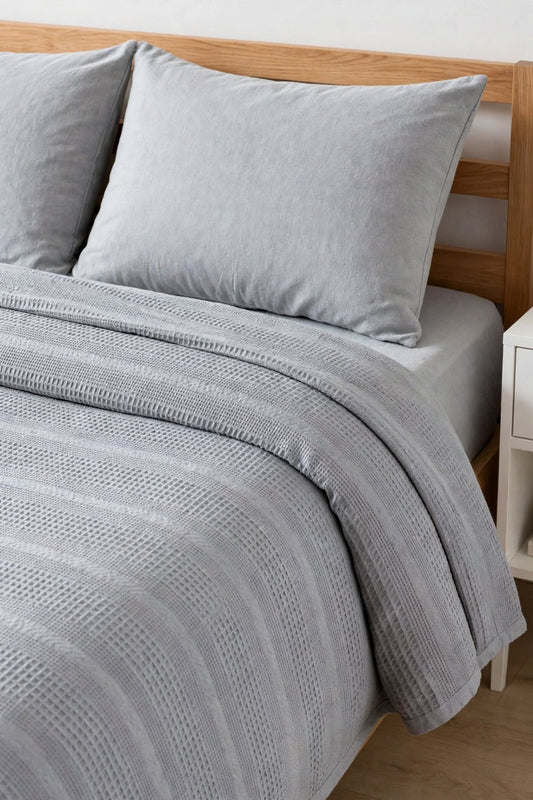 100% Cotton Dual Double Bedspread Set | 200x230 Bedspread + 160x200 Fitted Sheet + 2 Pillowcases - Gray