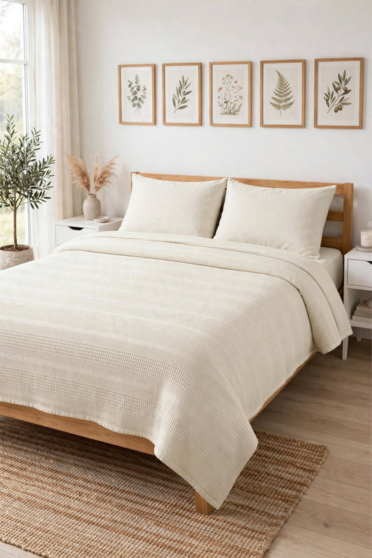 100% Cotton Dual Double Bedspread Set | 200x230 Bedspread + 160x200 Fitted Sheet + 2 Pillowcases - Beige