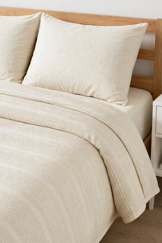100% Cotton Dual Double Bedspread Set | 200x230 Bedspread + 160x200 Fitted Sheet + 2 Pillowcases - Beige