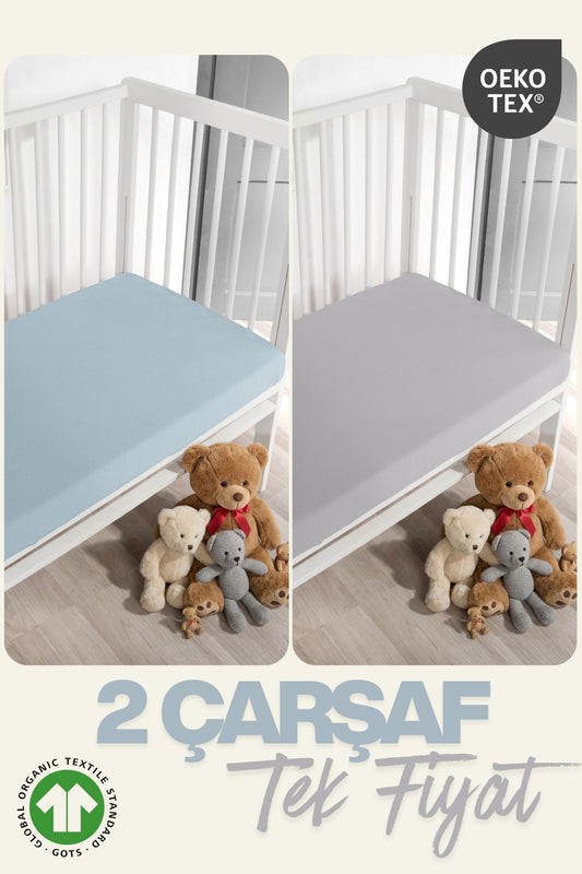 2’li Bebek Çarşaf Seti – %100 Pamuk Organik, Lastikli Bebek Yatak Çarşafı, 60x120+15 cm-Mavi-Gri