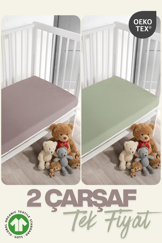 2’li Bebek Çarşaf Seti – %100 Pamuk Organik, Lastikli Bebek Yatak Çarşafı, 70x110/120+20 cm-Kahve-Adaçayı