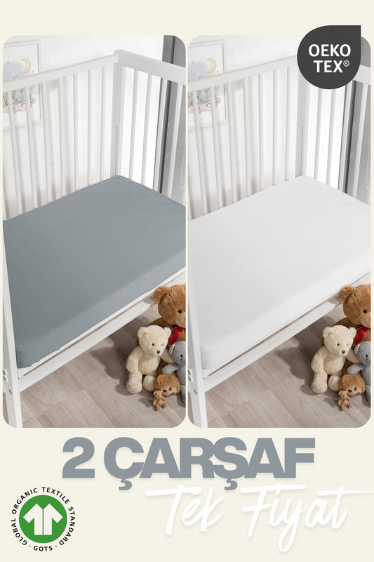 2’li Bebek Çarşaf Seti – %100 Pamuk Organik, Lastikli Bebek Yatak Çarşafı, 60x120+15 cm-Mavi-Gri