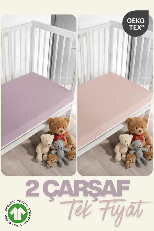 2’li Bebek Çarşaf Seti – %100 Pamuk Organik, Lastikli Bebek Yatak Çarşafı, 60x120+15 cm-Pudra-Lila