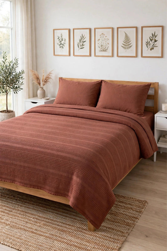 100% Cotton Dual Double Bedspread Set | 200x230 Bedspread + 160x200 Fitted Sheet + 2 Pillowcases - Brick