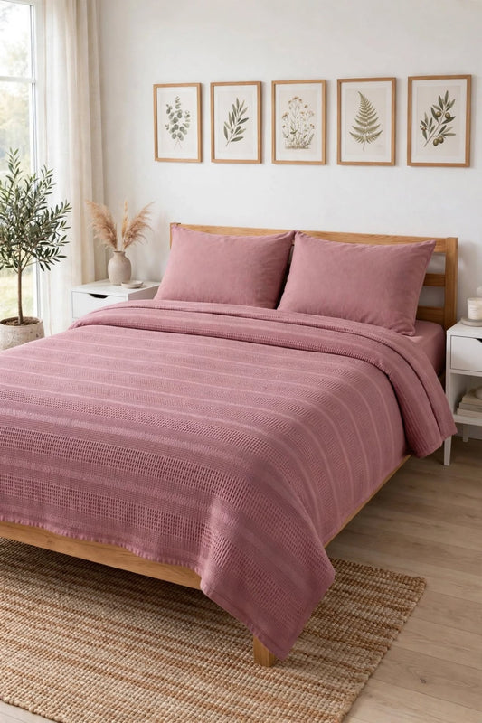 %100 Pamuk Dual Çift Kişilik Pike Takımı| 200x230 Pike + 160x200 Lastikli Çarşaf + 2 Yastık Kılıfı-Gülkurusu