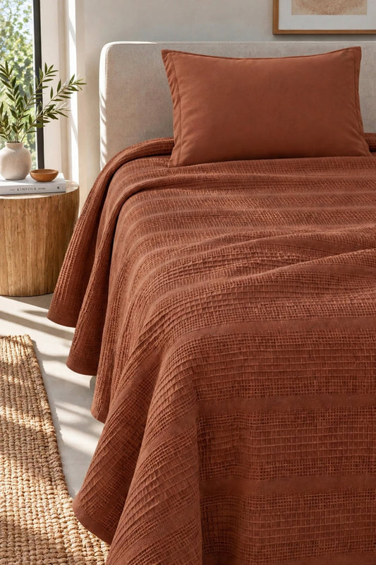 100% Cotton Dual Single Pique Set | 160x230 Pique + 100x200 Fitted Sheet + 1 Pillowcase - Brick Color